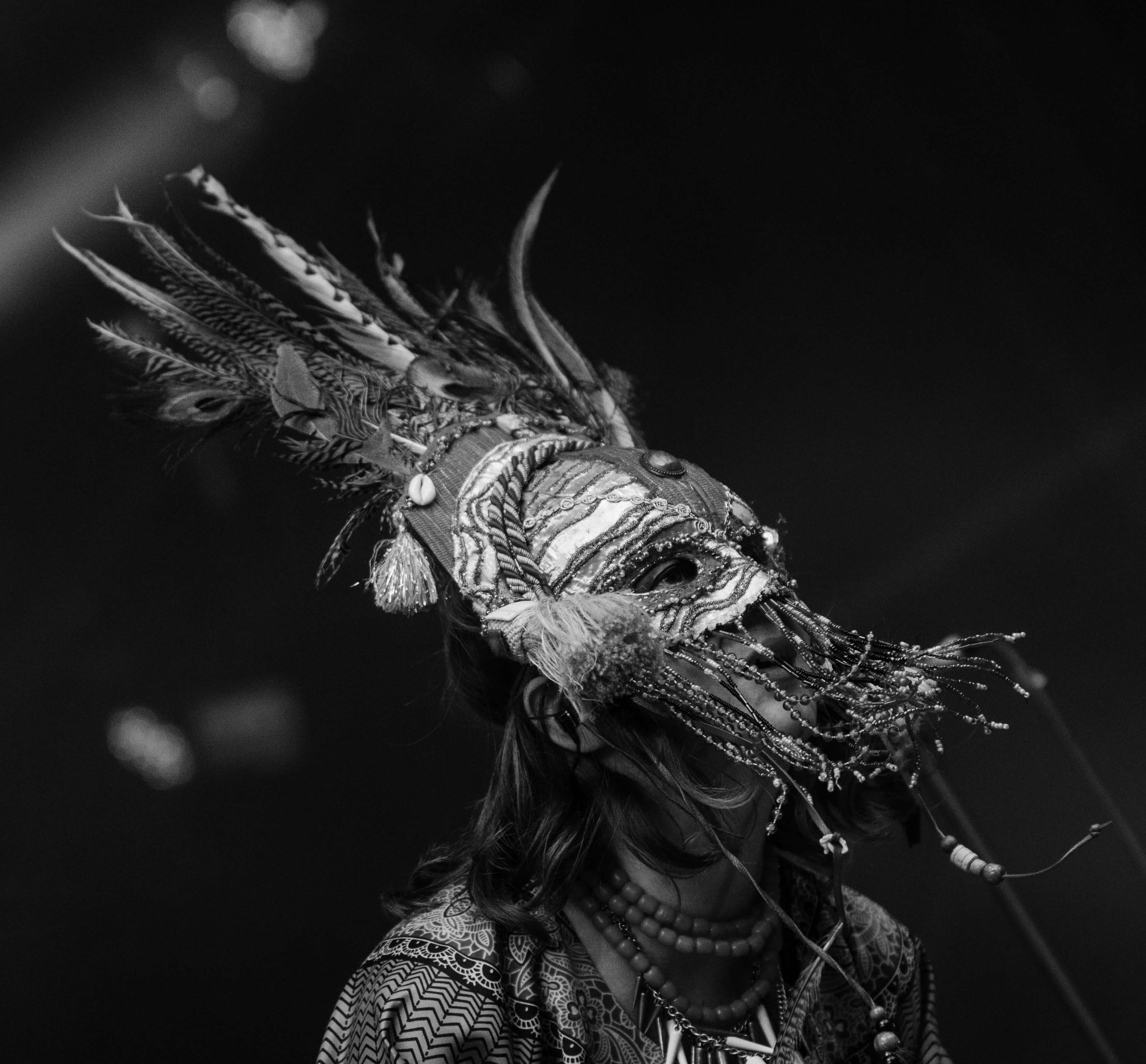 a person wearing a mask with feathers and hanging beads