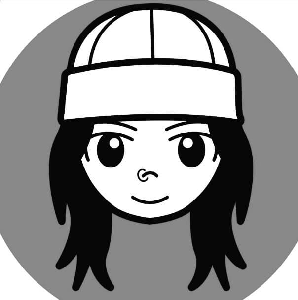 a cartoon of the music artist with long black hair and a white beanie